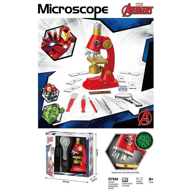 Мікроскоп герой, збільшення 100х, 300х, 600х та 900х, інструменти, лупа, скельця, підсвічування, на батарейках, в кор. /48/