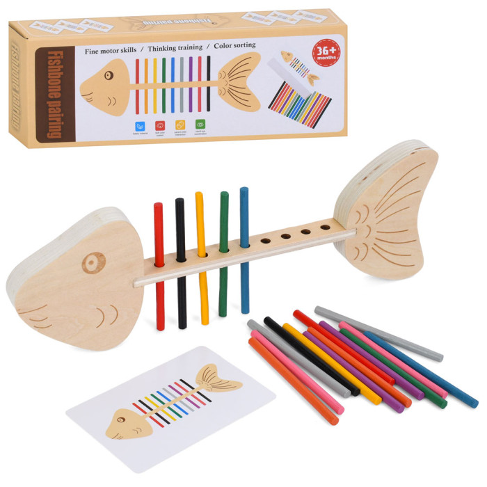 Дерев'яна іграшка навчальний набір, скелет риби 24см, кольорови палички, картки, в кор-ці, 24,5-8,5-3,5см /40/