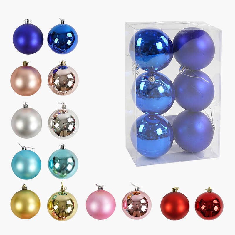 Новорічні прикраси 7 видів, кульки, 6 штук, D = 8 см, в слюді, МІКС ВИДІВ /64/