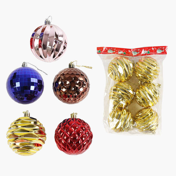 Новорічні прикраси 5 видів, кульки, 6 штук, D=8 см, у п/е,  МІКС ВИДІВ /72/