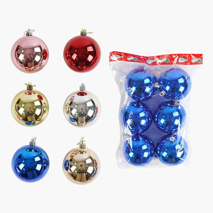 Новорічні прикраси 6 видів, кульки, 6 штук, D=8 см, у п/е ,  МІКС ВИДІВ /72/