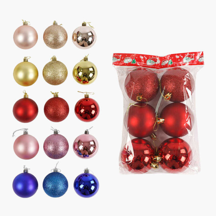 Новорічні прикраси 5 видів, кульки, 6 штук, D=7 см, у п/е, МІКС ВИДІВ /100/
