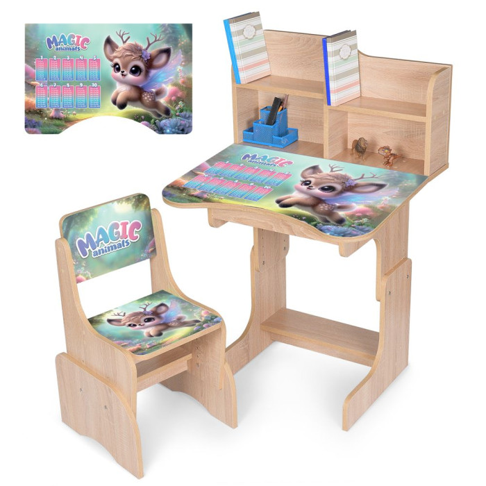 Парта N 2071-27-3 (1шт) зі стільчиком, 69,5х44,5см, регул.висота 56,5/67,5см, магічне оленятко, таблиця множ., дуб сонома