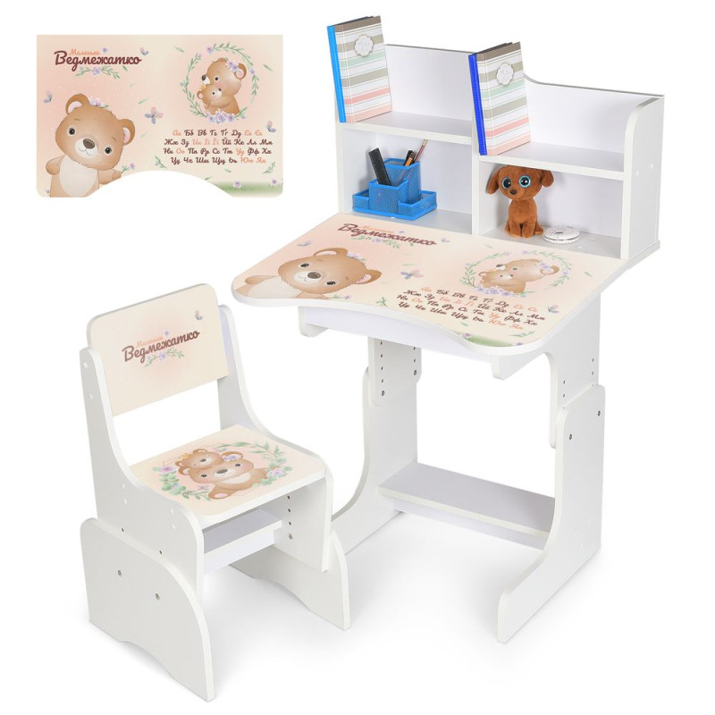 Парта N 2071-26-1 (1шт) зі стільчиком, 69,5х44,5см, регул.висота 56,5/67,5см, ведмежатко, укр.абетка, білий