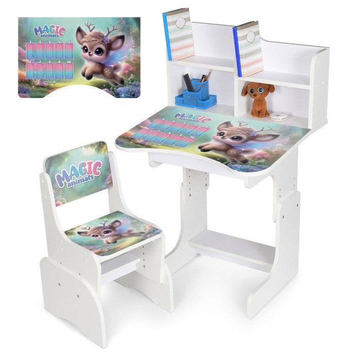 Парта N 2071-27-1 (1шт) зі стільчиком, 69,5х44,5см, регул.висота 56,5/67,5см, магічне оленятко, таблиця множ., білий