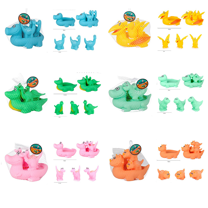 Іграшка для купання динозавр, сім'я динозаврів, набір 4шт(16см, 7см), пискавка, 6 видів, в сітці, 17-14-12см /84/