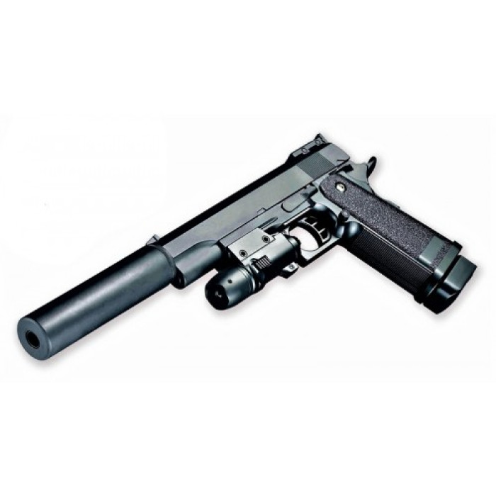 Страйкбольний пістолет  Galaxy Colt M1911 Hi-Capa з глушником та прицілом метал чорний, вага - 800 гр, в кор. /24/