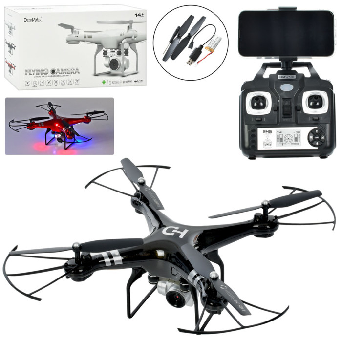 Р/К квадрокоптер 27см, 2.4G, акумулятор, USB-зарядне, камера, додаткові лопасти, світло, 2 кольори, в кор-ці, 43-23-11см /6/