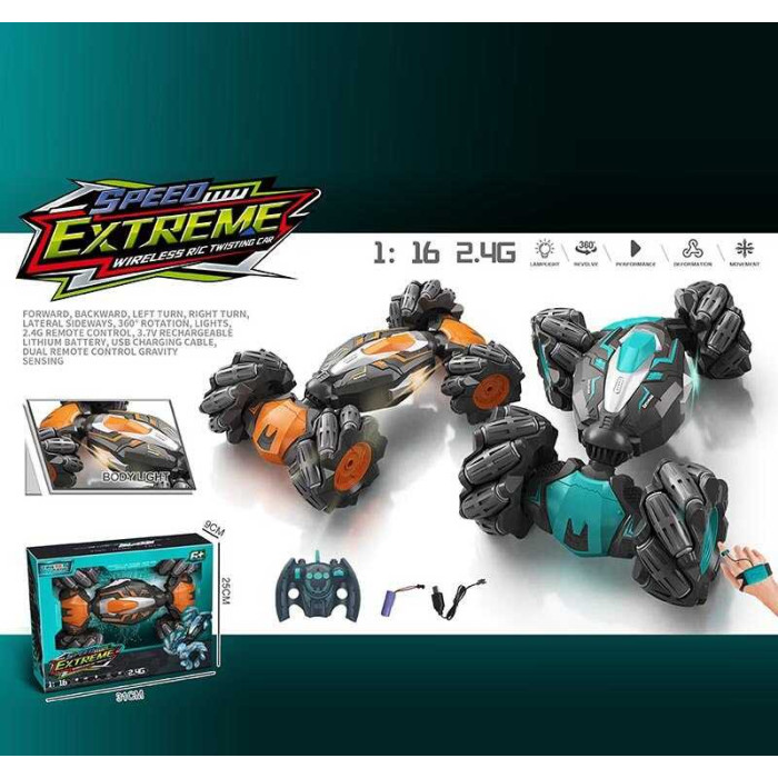 Р/К машина 2 кольори, роликові колеса, підсвічування, зміна положення корпуса, USB-кабель, акум. 3.7V, масштаб 1:16, пульт 2.4G + сенсорний браслет, в кор. /24/