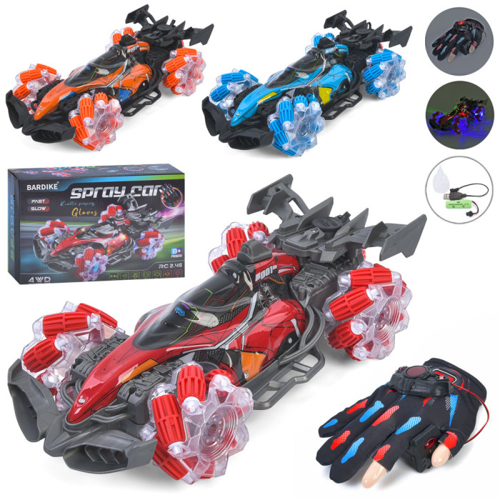 Р/К машинка 2,4G, акум, пульт-рукавичка, 28см, звук, світло, пара-дим, колеса-ролики, USBзарядне, 3 кольори, в кор-ці, 28,5-19-9см /12/