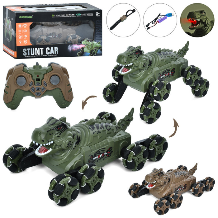 Динозавр р/к, 2 пульти (1шт браслет на руку), акум, динозавр, 26,5см, світло, музика, звук, колеса-ролики, пара/дим, USBзарядне, 2 кольори, в кор-ці, 29-15,5-18,5см /12/