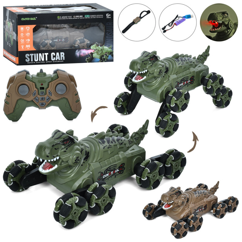 Динозавр р/к, 2 пульти (1шт браслет на руку), акум, динозавр, 26,5см, світло, музика, звук, колеса-ролики, пара/дим, USBзарядне, 2 кольори, в кор-ці, 29-15,5-18,5см /12/