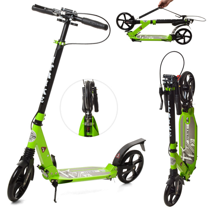 Самокат доросл,алюм,кол.2шт.ПУ200мм,ручне гальмо,замок,зелений,кор. /1/