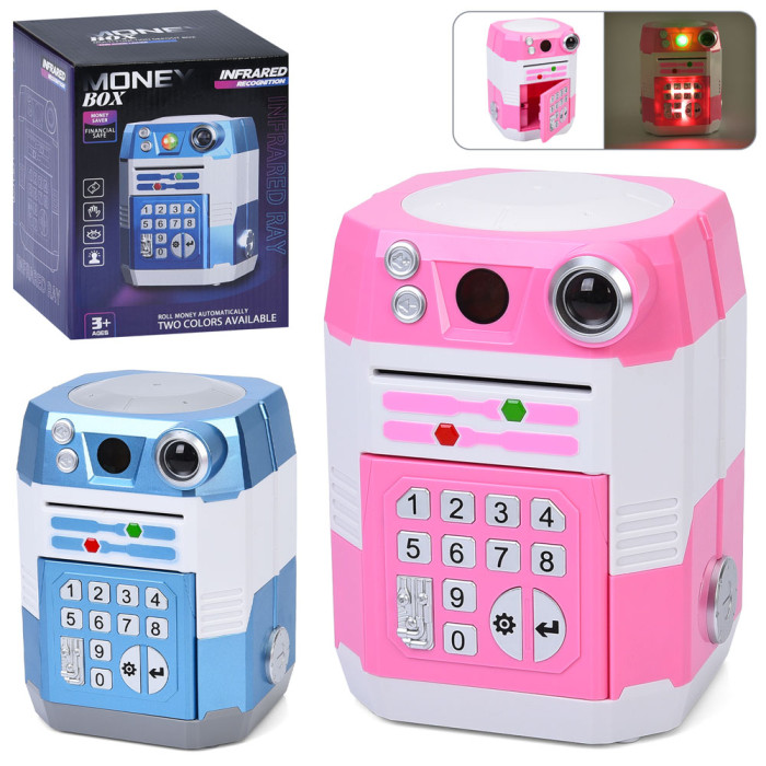 Скарбничка сейф, 16-21-15см, код, реагує на руку, звук, світло, затягує купюри,регул.гучності, 2 кольори, на бат-ці, в кор-ці, 16-21-16см /6/
