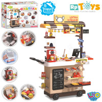 Магазин гриль, прилавок, прилавок-возик, 78-30,5-в102см,звук, світло, пара, мийка-ллється вода, каса, кавоварка-ллється вода(механіч), продукти, гроші, 77дет,на бат-ці, в кор-ці,44-57-17см /4/