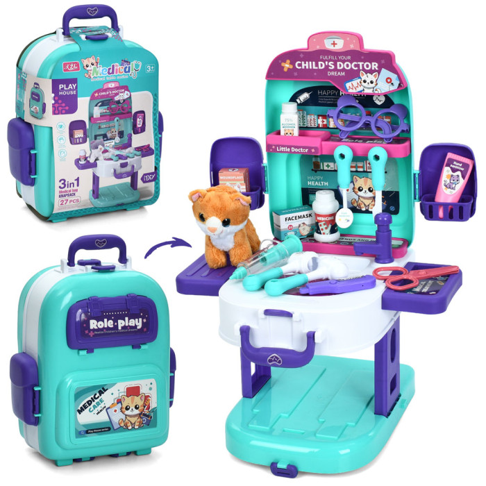 Набір гральний «грумер» набір лікаря, 3в1(стіл 39-30-в51см, чемодан), кіт (плюш,11см), мийка-ллється вода(механіч), 27пр, в карт.обгортці, 23-31-13,5см /24/