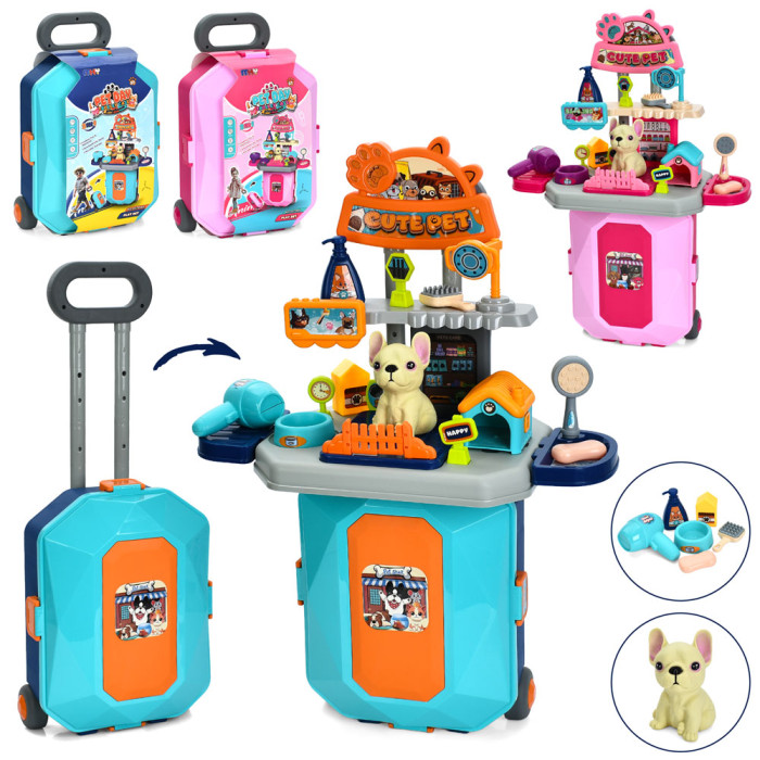 Набір гральний «грумер» стіл 46-24-в66см, складається в чемодан (ручка, 2 колеса), фен, гребінець, аксесуари, собака 11см, 2види, в карт.обгортці, 26-40-14см /18/