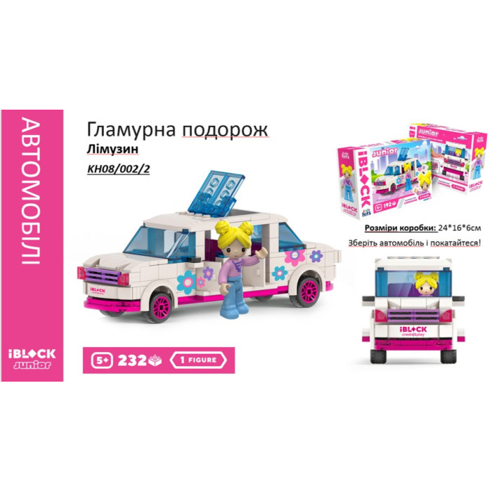 Конструктор Kids hits IBLOCK JUNIOR  Дівчатка, Гламурна поїздка Лімузин, 232 дет,компл. фігур, інстр., наліпки,кор. 24*16*6 /36-2/