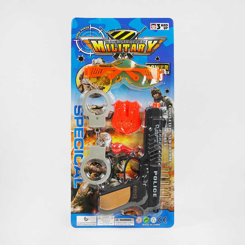 Поліцейський набір пістолет з тріскачкою, наручники, жетон, окуляри, свисток, на листі  /168-2/