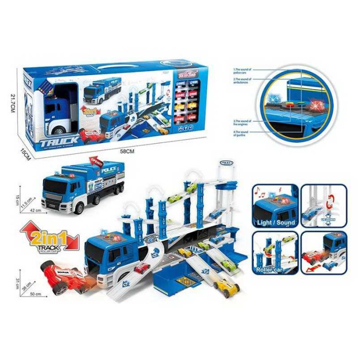 Трек ”Поліція”,  розмір: 50х38х31 см, вантажівка, інерція, підсвічування, звуки, 8 моделей машин, довжина: 4 см, наліпки, в кор. /12-2/