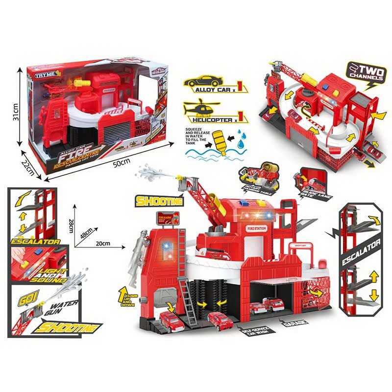 Парковка трек, механічний підіймач, підсвічування, звуки, на батарейках, рухомі елементи, металопластикова машинка та гелікоптер, механічно бризкає водою, в кор. /8-2/
