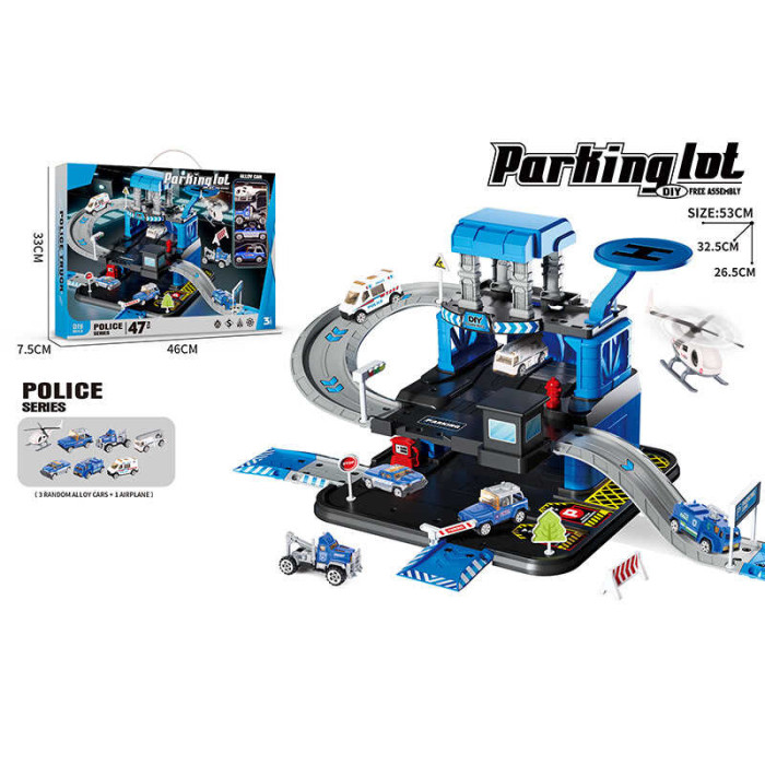 Трек 3 металопластикові машинки, гелікоптер, 3 рівні, муляжі оточення, наліпки, в кор. /24/