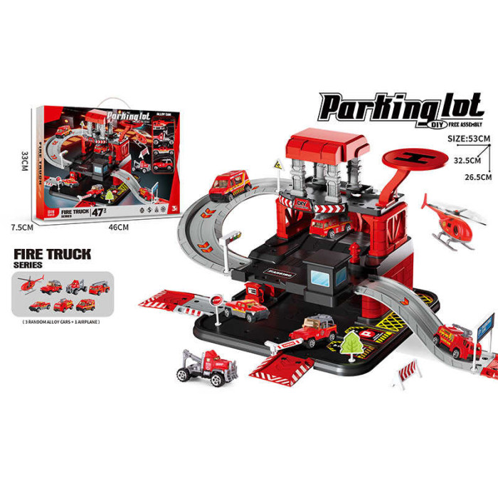 Трек 3 металопластикові машинки, гелікоптер, 3 рівні, муляжі оточення, наліпки, в кор. /24/