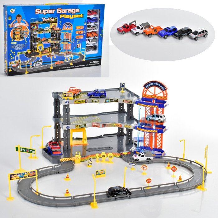 Гараж 3 поверхи, ліфт, машинки6шт, 6см, дорожні знаки, в кор-ці, 50-32,5-6,5см /12/