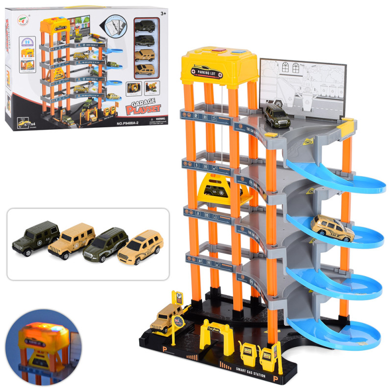 Гараж 5 поверхів, 46,5-36,5-21,5см, ліфт, св, машинки 4шт, на бат-ці, в кор-ці, 48-36-9,5см /12/