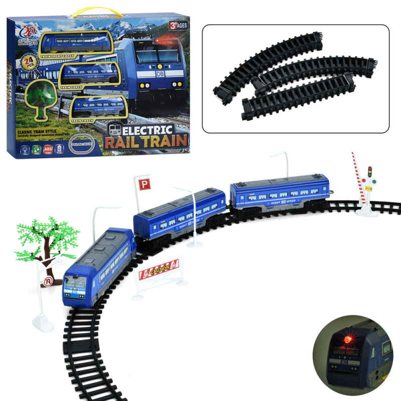 Залізниця 462см, локомотив, 2 вагони, звук, світло, дерево, дорожні знаки, 24дет, на бат-ці, в кор-ці, 45,5-35,5-6,5см /18/