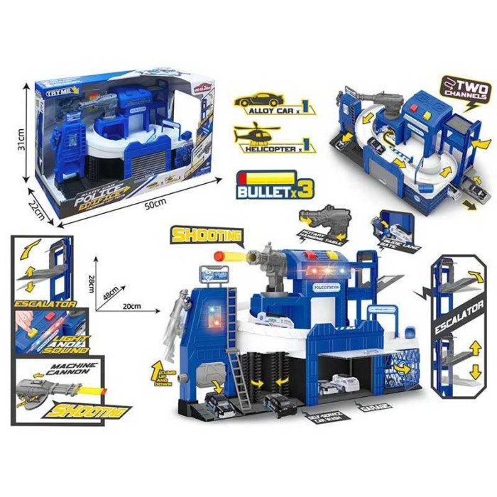 Парковка трек, механічний підіймач, підсвічування, звуки, на батарейках, рухомі елементи, металопластикова машинка та гелікоптер, механічна пушка, 3 м’яких патрони, в кор. /8-2/