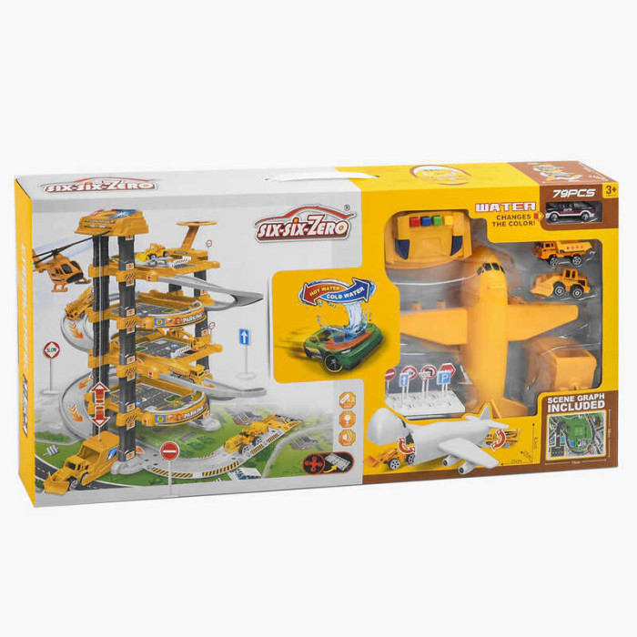 Трек 5 поверхів, 2 машинки, 1 машинка змінює колір, літак, автоматичний підіймач, світло, звук, аксесуари, в кор. /10-2/