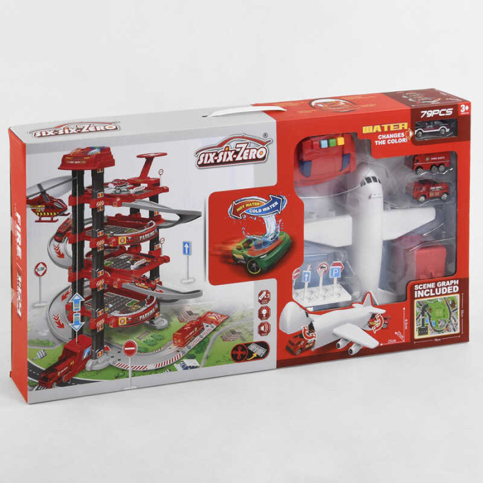 Трек 5 поверхів, 2 машинки, 1 машинка змінює колір, літак, автоматичний підіймач, світло, звук, аксесуари, в кор. /10-2/