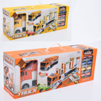 Гараж трейлер 42см-інерц, гараж/трек 50-38-в31см, звук, світло, машинки 8шт 4,5см, 2 види, на бат-ці, в кор-ці, 58,5-22-15см /8/