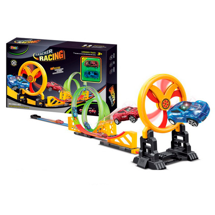 Трек 140см, колесо-перешкода (обертається, заводне), 360, машина 2шт (6,5см, інерц, світло), 21дет, на бат(табл), в кор-ці, 46-30-6см /24/