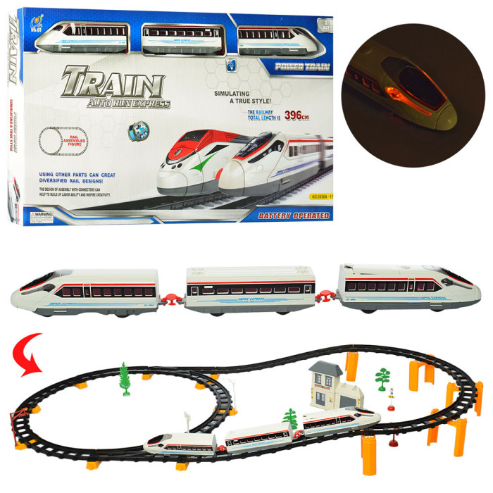 Залізниця 396см, локомотив 2шт, вагон, 17см, будівля, дерева, світ, бат, кор, 60-34-5см /12/