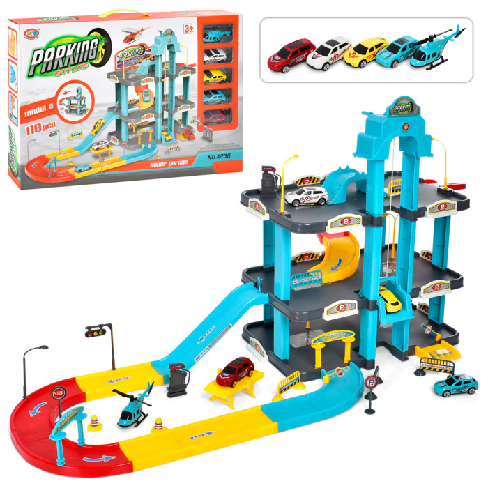 Гараж 3поверхи, 90-43-45см, транспорт 5шт, 6см, дорожні знаки, 118 предметів, в кор-ці, 56-37-7,5см /9/